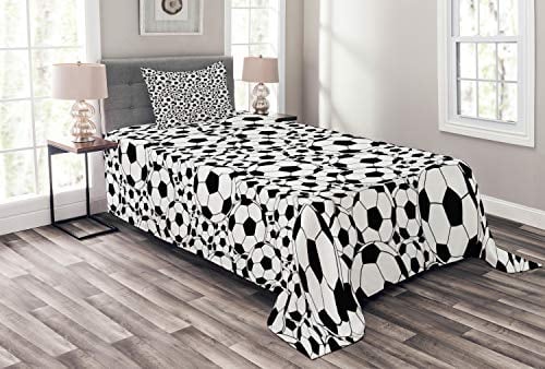 ABAKUHAUS Fußball Tagesdecke Set, Monochrome Balls Jungen, Set mit Kissenbezügen Waschbar, für Einzelbetten 170 x 220 cm, Weiß und Schwarz