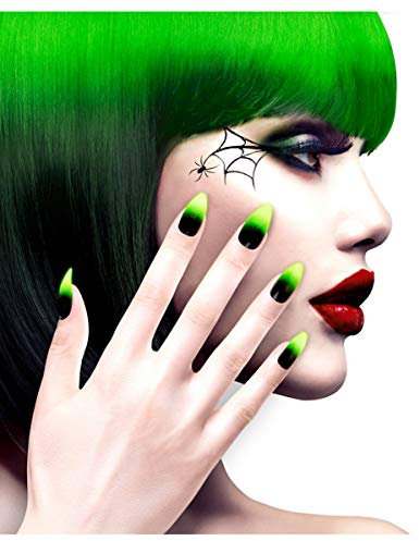 Horror-Shop 12 Stileto Fingernägel Schwarz/Neongrün selbstklebend als Kostümzubehör
