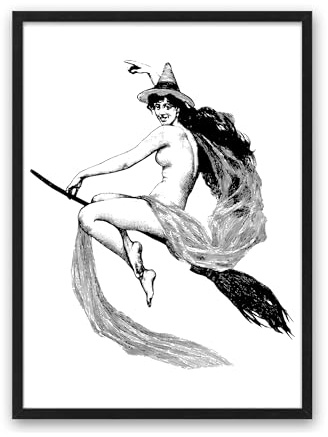 Din A4 Kunstdruck ungerahmt - Hexe auf Besen Wicca Hexerei Gothic Vintage Zeichnung Antik Retro Druck Poster Bild