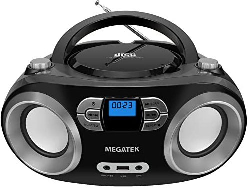 MEGATEK Portable CD Player Boombox with FM Radio, Bluetooth, USB Port, AUX Input, and Headphone Jack – CD-R/CD-RW/MP3-CD Compatible, Clear Stereo Sound, Backlit LCD Display – Black