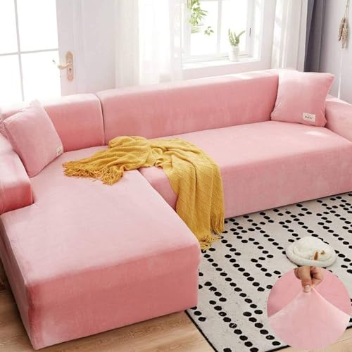 LINGKY Sofabezug Ecksofa L Form Stretch Samt Sofa Überzug Universal Couchbezug Für 1/2/3/4 Sitzer Waschbar Sofa Überwürfe (L Form Ecksofa Erfordert Zwei) - Sofabezug 2 Sitzer, Rosa