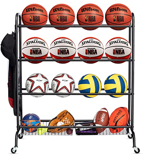 EXTCCT Basketball Rack, Rolling Basketball Shooting Training Stand,Sports Equipment Storage with Wheels, Four-Layer Organizer Holder with Two Basket for Basketballs Footballs Volleyball