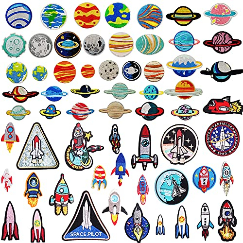 Woohome 41 Stück Patches zum Aufbügeln, Space Astronaut Bügelbilder Aufbügelflicken Gemischt Raumfahrzeug Planet Applikation Flicken Zum Aufbügeln für DIY T-Shirt Jeans Kleidung