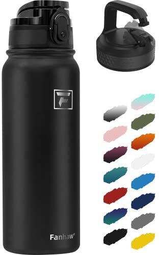 Fanhaw 600 ml Bottiglia Termica in Acciaio Inossidabile con 2 Coperchi - Per Bambini, Donne, Uomini Anti-Perdita e Anti-Condensazione con Coperchio Anti-Polvere (Nero)