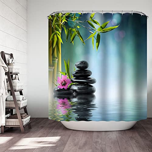 Whoiy Rideau de Douche Polyester 180 x 200, Tissu Fleurs Bleu Vert, Motif Fleur