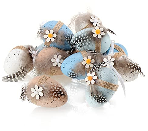 com-four® 12x Ostereier zum Aufhängen 7 x 5 cm, mit Federn und Holz-Blume - farbige Ostereier in Wachtelei-Optik - Anhänger für den Osterstrauch aus Kunststoff - Hängedeko in 4 Farben