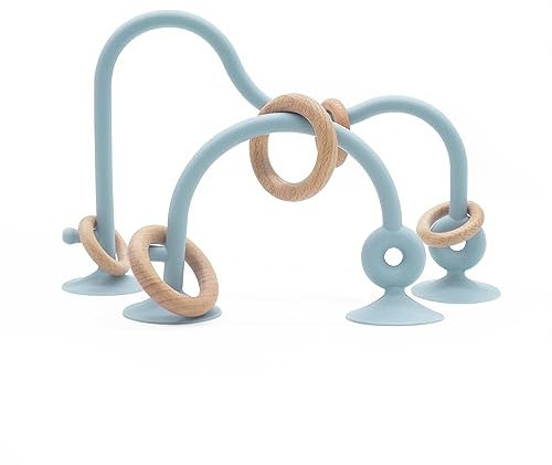 zeeloopbee Baby Teething Toy, High Chair Toys with Suction Cups for Infant Toddlers 10-12M+, Wood & Silicone Baby Teether, Montessori Sensory Highchair Toy, Suction Toys for Babies 12-24M(Blue)