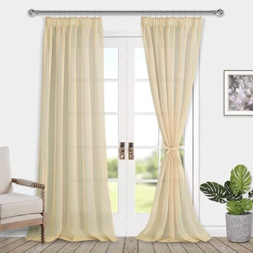 DWCN Voile Vorhänge mit Kräuselband Leinenoptik 2 Stücke Halbtransparent Vorhänge für Wohnzimmer,Durchsichtige Gardinen Extra Lang,Beige,260x140cm (Höhe x Breite)