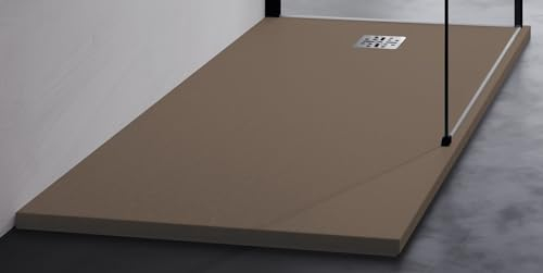 Novellini Novomatt Duschwanne, 120 x 80 cm, Höhe 3 cm, Cappuccino, ultradünn, Installation mit zuschneidbarer Halterung, Mineralsolid, Oberfläche in Steinoptik, inklusive Ablaufgarnitur
