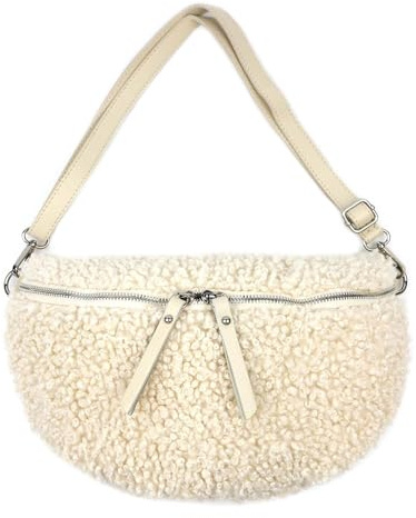 ITALYSHOP24 OBC Made in Italy Damen Teddyfell Tasche Leder Jeans Plüsch Bauchtasche Hüfttasche Schultertasche Bodybag Umhängetasche Crossbody Teddyplüsch Handytasche Crossbag Gürteltasche