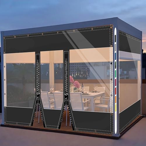SDLLG Transparente Trennvorhänge mit Ösen, PVC Outdoor Planenvorhänge 0,5mm Klar Seitenplane für Pavillons, Pergola, Balkon e, Gärten,Vorbau 2.5x4m(HxL) Schwarz mit 2 Reißverschlüsse