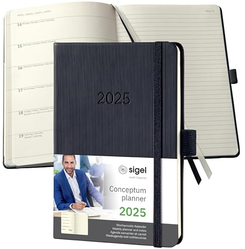 SIGEL C2515 Terminplaner Wochennotiz-Kalender 2025, ca. A6, schwarz, Hardcover, 176 Seiten, Gummiband, Stiftschlaufe, Archivtasche, aus nachhaltigem Papier, Conceptum