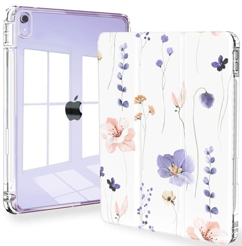 Feams Trifold iPad Air 11-inch Case, Clear Back with Auto Sleep & Pencil Holder, Purple Flowers