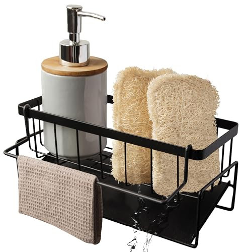 Mapouji | Porte Eponge Evier Cuisine | Support Rangement pour Produit Vaisselle | Range Savon et Organisateur en INOX Noir | Repose Eponges | Egouttoir Parfait pour écoulement de l'eau