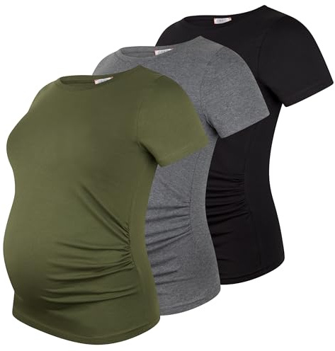 M.M.C. Umstandsshirt Kurzarm Damen 3er Pack – Umstandsmode Basic, unifarben, mitwachsende Raffung, 95% Baumwolle