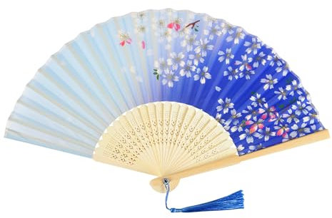 Blau Fächer Holz Handfächer Seide Stoff Hand Fan Chinesische Japanische Faltfächer mit Quaste Fächer Damen Klein für Hochzeit Gäste Kinder Mädchen Sommer