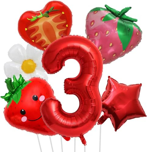 Luftballons Geburtstag 6 Stück, Geburtstags Ballon Set mit Ballon Nummer 3 Erdbeer Luftballons Gänseblümchen Ballon Stern Ballon, Erdbeer Folienballon für Mädchen Geburtstags Party Dekorationen