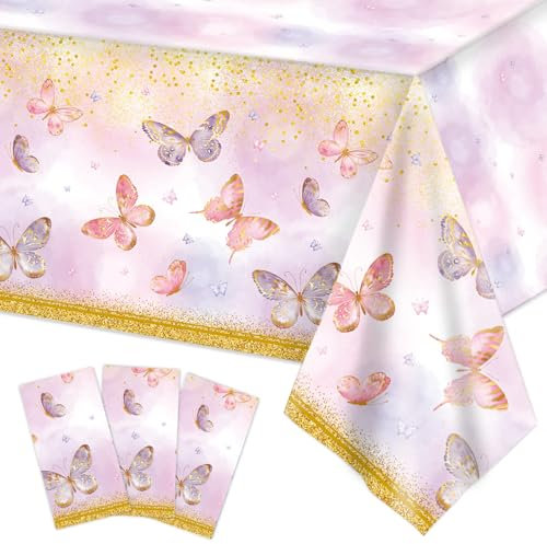 Frigg Schmetterling-Tischdecken, 220 x 130 cm, 3 Stück Geburtstagsdeko Kinder Party Tischdecke, Geburtstagstischdecke, für Tischdeko Geburtstag, Taufe Mädchen Dekoration, Hochzeit
