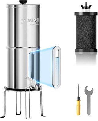 Purewell Gravity Water Filter System – 3,8L Stainless Steel Portable Ultrafiltration (0,01μm) for Survival, Camping & Home – 4-Stage Countertop Purifier, Removes 99% Chlorine, RV & Emergency Use