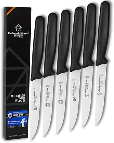 Steakmesser Set Solingen Steakbesteck Brotzeitmesser scharfer Wellenschliff Frühstücksmesser Made in Germany - Testsieger - Spülmaschinenfest - Klinge aus rostfreiem Edelstahl (6er-Set Steakmesser)