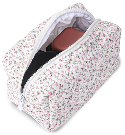 JJUNW Blumenmuster Kulturtasche, Tragbare Makeup Tasche, Winter Kosmetiktaschen Toilettenartikel Schminktasche Handtasche Reißverschluss Organizer Tasche Münztasche für Mädchen Frauen (rosa)