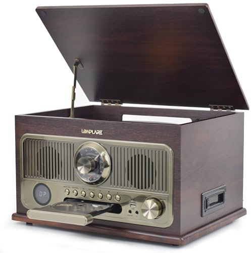 All in One Vintage 3 Speed Vinyl Record Player with Built-in Speakers, Bluetooth Turntable, CD Player, Cassette, USB/TF Card, AUX Input, FM/AM Radio, RCA Output, Recording