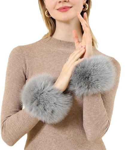 SMTCM 1 Paar Pulswärmer Fell Manschetten Faux Fuchspelz Kunstfell Armstulpen Grau Fellstulpen Handschuhe Winter Wristband Ringmanschetten Cuffs Wärmer Flauschig Handstulpen Handgelenkwärmer für Damen