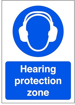 Hearing protection zone - safety sign, ppe clothing, ppe - High tack self-adhesive sticker (600mm x 400mm) Viewing Distance within 20m.