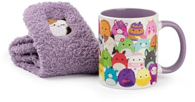 Squishmallows Womens Mug and Sock Set | Adults Cam The Cat Character Graphic Print Calf Socks and Ceramic Mug in Purple | Ladies Animal Print Hot Drinks Mug | Squishville Plush Toy Merchandise Gift
