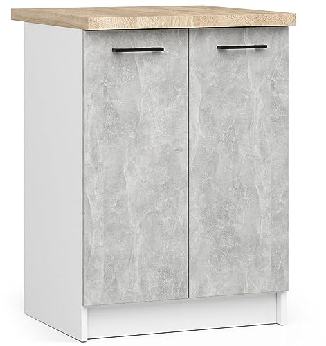 AKORD | Mueble de Cocina con encimera - Oliwia S60 | Mueble Base con 2 Puertas y 2 estantes | Mueble de Entrada | Aparador | Isla | Armario | 46 x 60 x 85 cm | Blanco | Cemento