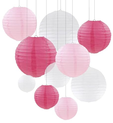 ZYOOO Lanterne en Papier Rose,Deco Bapteme champetre,Baby Shower Deco,Lot de 10 Rondes Suspension Lanterne en Papier pour Mariage, Anniversaire, Fête Prénatale, Mariage, Décoration de Jardin