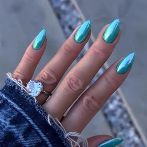 SXVME Chrome Green Blue False Nails Almond, 24pcs Short, Glazed Gel Press On, Cute Glitter Acrylic Nails Short Stiletto, Natural Stick On Nails for Women Daily & Party Wear
