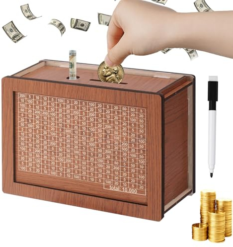 Xinpinzhou Spardose 10000 Euro, Spardose Holz zum Ankreuzen Kinder Erwachsene, Sparschwein Sparbox 10000 Euro mit Zahlen Ankreuzen, Geld Sparen Challenge Box Geldsparbox Geldbox Holzspardose