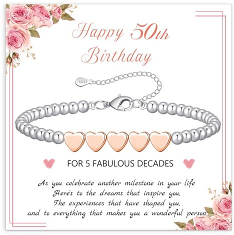 BMMYE 50th Birthday Gifts for Women,Silver Bead Bracelet with Rose Gold Heart Adjustable Sterling Silver Bracelet Birthday Gifts with Cards for Mum Daughter Sister Grandma