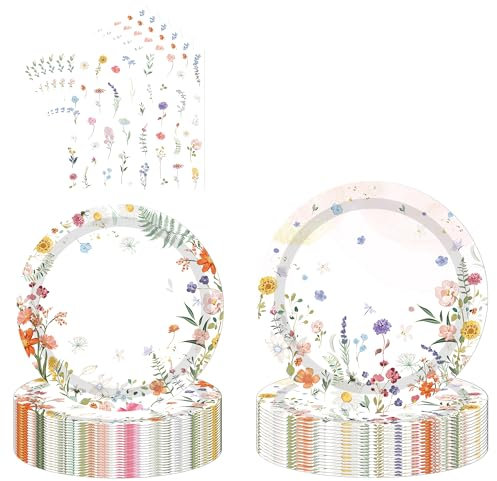 Floral Theme Party Tableware Set - 96 Pcs Tea Party Tableware Paper Plates Napkins Flower Theme Dinnerware Supplies For Wedding Birthday Afternoon Tea Table Decor Serve 24 Guests