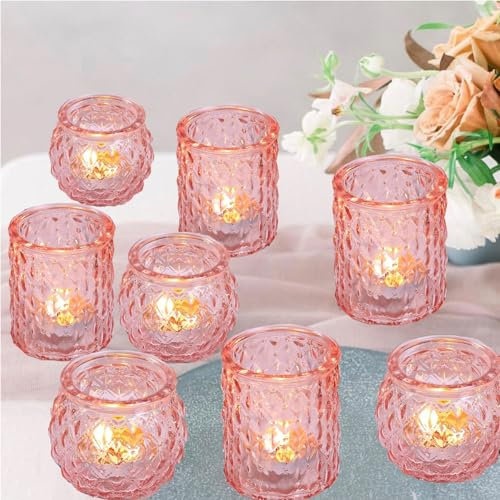 Lot de 12 bougeoirs votifs assortis en verre pour fête prénuptiale, centre de table de mariage, décoration d'intérieur (12, rose)