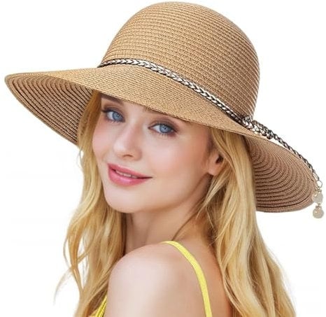 BelleVive Beach Sun Hats for Women, Straw Hat for Ladies, UPF 50+ UV Protection Women's Sun Hat, Summer Hats, Packable and Foldable, Sun Hat for Ladies, Wide Brim Hat, Khaki