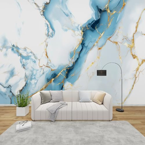 QEODAH Marble Wallpaper for Living Room, Blue White Gold Wall Art for Bedroom, Modern Luxury Wall Murals for Bedrooms, Renter Friendly Removable Waterproof Non-Woven Photo Wallpaper 3D, 100x70 cm