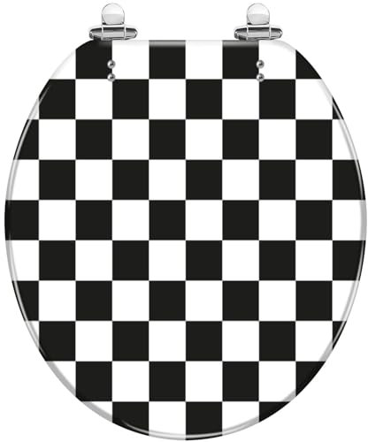 Round Toilet Seat Seamless Black White Checkered Black White Squares Geometric Backdrop Resin Toilet lid with Quietly Close Quick Release Hinges Decorative Seat with Cover Easy to Clean and Install