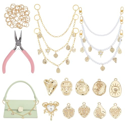 OLYCRAFT 77 Stück DIY Set Zum Basteln von Taschenanhängern Dekorative Taschenketten Sets Taschengriff Kettendekor Mit 6 Stück Ketten 30 Stück Emaille Anhängern 40 Stück Biegeringen 1 Stück Zange
