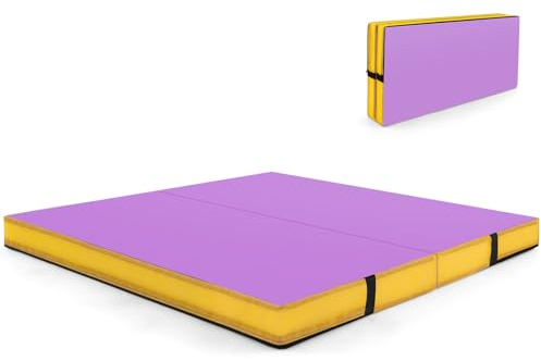 COSTWAY Turnmatte klappbar, 122 x 122 x 10 cm Weichbodenmatte, Gymnastikmatte faltbar & tragbar, quadratische Sportmatte aus PU-Bezug mit Tragegriffe, Yogamatte indoor für Kinder, Erwachsene (Lila)