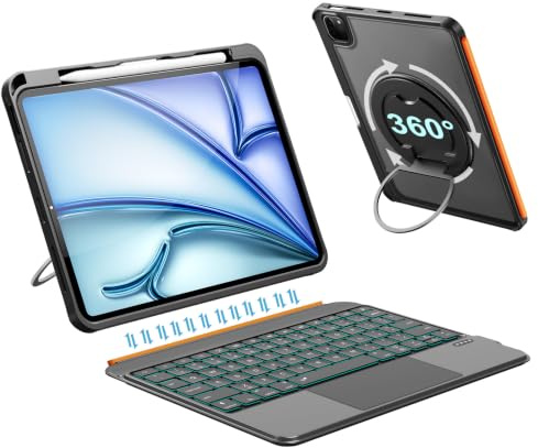 Funda para iPad A16 de 11/10ª generación con teclado, Air de 11 pulgadas (M3 M2 2025 2024), teclado magnético retroiluminado desmontable, trackpad, soporte giratorio de 360 grados, soporte para