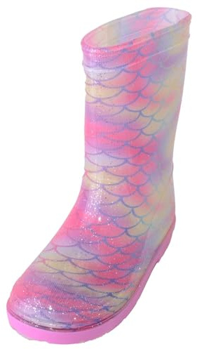 ABSOLUTE FOOTWEAR Childrens Kids Infants Easy Slip On Waterproof Glitter Mermaid Wellington Boots - Pink - UK Infant 6 / EU 24