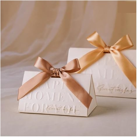 20 Stück Champagner Gold Schleife Dreieck Hochzeit Süßigkeiten Box Tragbare Geschenkbox Süße Wünsche Glückliche Party Dekor Brautparty(Champagne gold,12.7x7x7cm)