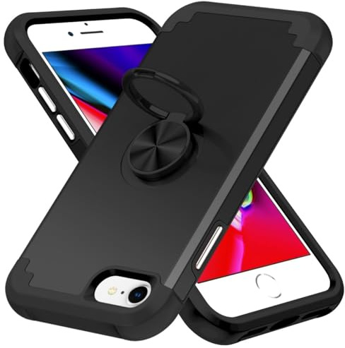 OWSIHNZBF Kompatibel mit iPhone 7/8/SE2/SE3, zweilagige, stoßfeste Schutzhülle, Ringhalter-Kickstand-Autohalterung in Militärqualität, robuste aus PC-Stoßfänger(Black)