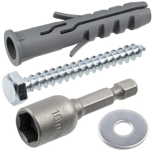 AERZETIX - Kit di 25 tasselli in nylon con collare Ø10x50 mm per materiali pieni + 25 viti tirafondi Ø6x50 mm + 25 rondelle larghe per bullone M6 + 1 bussola esagonale 1/4 SW10