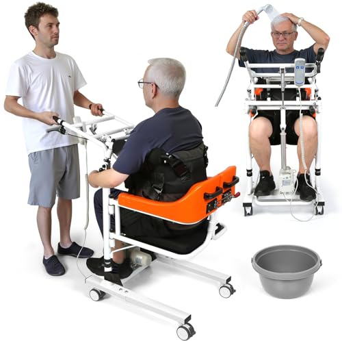 GoHelmate Patientenlifter Transferstuhl für Zuhause – Dusch- & Toilettenstuhl mit Rollen für Senioren & Pflegebedürftige, Transferhilfe Bett Rollstuhl, höhenverstellbar, klappbar, geteilter Sitz