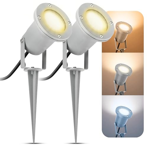 SSC-LUXon 2x KARI Gartenstrahler mit Erdspieß Außenlampe grau - mit 5W GU10 LED LumiFLEX 3 Lichtmodi - Fassadenlampe Gartenleuchte Kopf schwenkbar