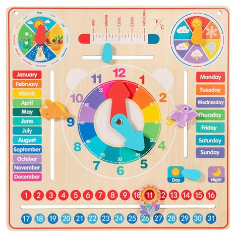 Milageto Holzkalenderuhr, Lernspielzeug aus, Geschenk für, kognitives Lernbrettspiel für Jungen und Mädchen