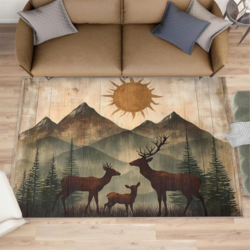 YXQAIED Hirsch im Landhausstil Teppich Wohnzimmer 160x230 cm, Bewaldete Berge Teppiche, Kiefernwald Waschbar Kurzflor Groß Teppiche Für Schlafzimmer Kinderzimmer